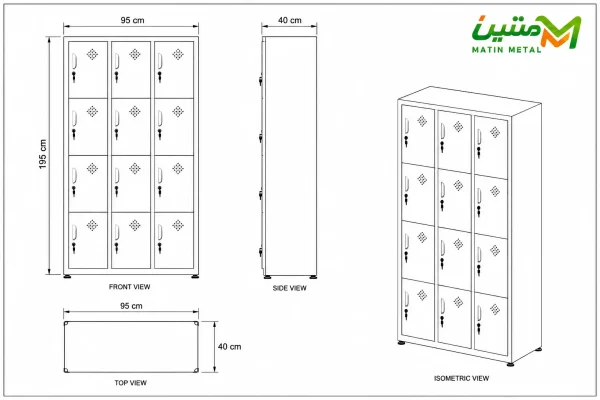 ابعاد کمد 12 درب فلزی 195 * 95 * 40